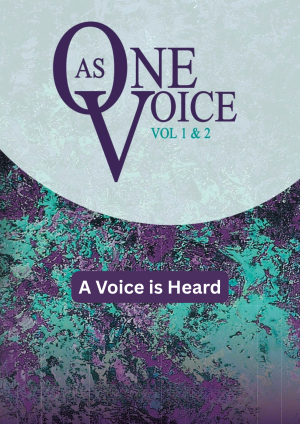 A Purple Cover Image of As One Voice VOLUME 1 and 2, with the title A Voice is Heard.